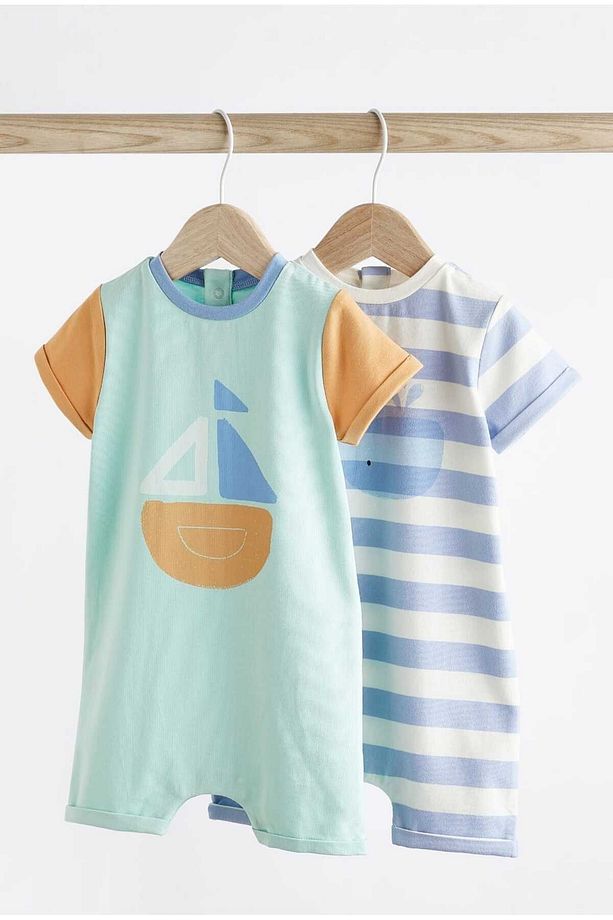 %100 Pamuk Mavi Gemi Desenli 2'li Romper Set - 1