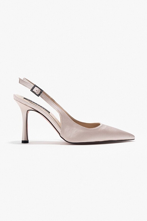 Mendy bézs szatén öv részletes hegyes orrú női sarkú cipő - 7