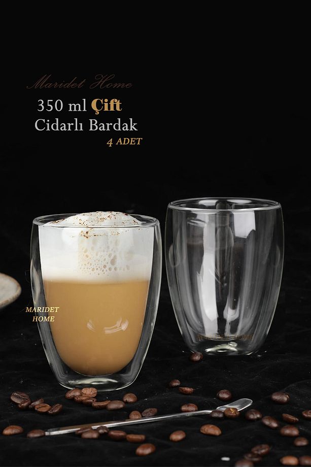 Çift Cidarlı Bardak 300 ml Ev Ofis Çay Fincanı Kahve Sunum Bardağı 4 Adet - 1