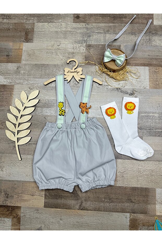 Safari concept gray baby boy birthday salopette