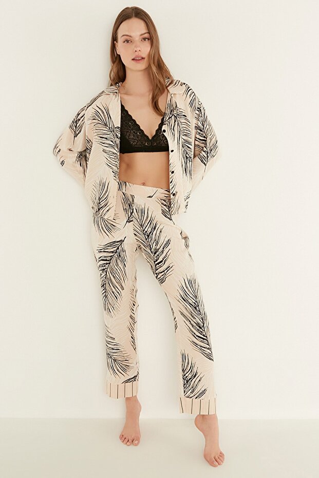 Patterned Viscose Long Sleeve Shirt Pajama Set 9082 Cream