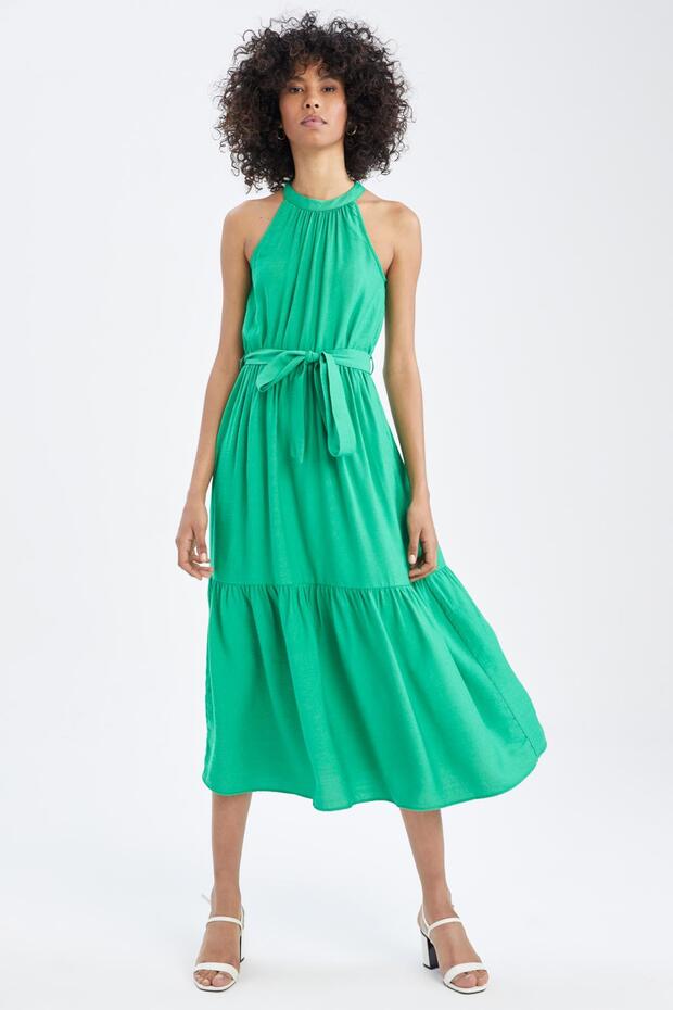 Halter Neck Belted Linen Look Summer Midi Dress U7045az22sm