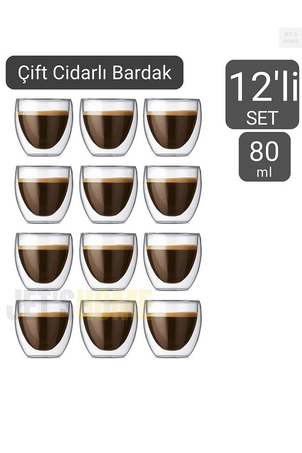 12’li Set Espresso Bardağı 80 ml Kahve Bardağı Çift Cidarlı Bardak Viski Bardağı - 1