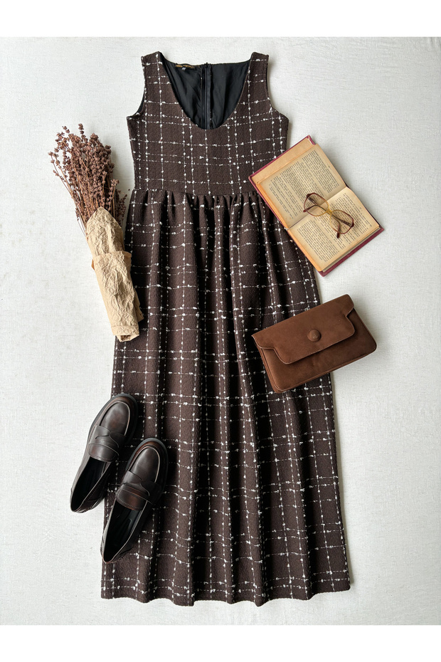 Women's Brown Gathered Waist Tweed Gilet Dress