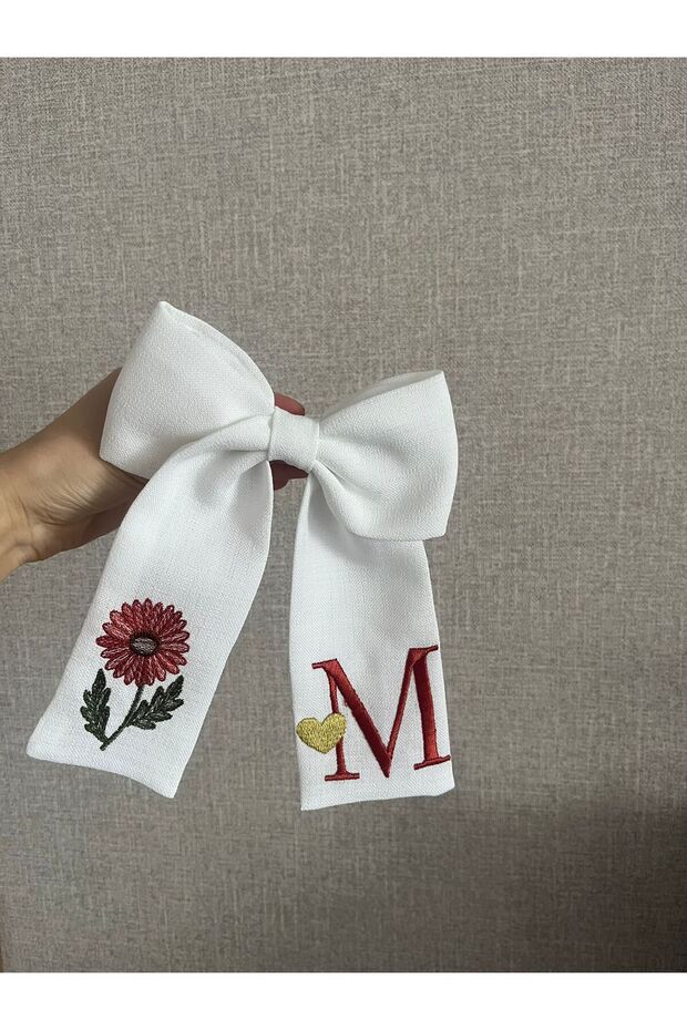 Burgundy Sunflower And Letter Embroidered Bow Automatic Buckle