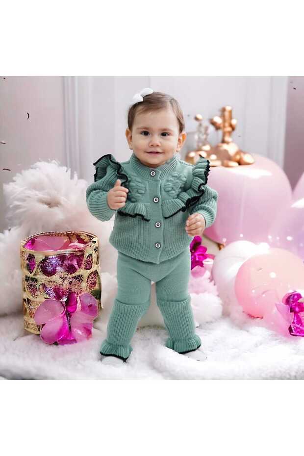 Baby Girl Frill Detailed 2-Piece Knitwear Set with Cardigan and Trousers