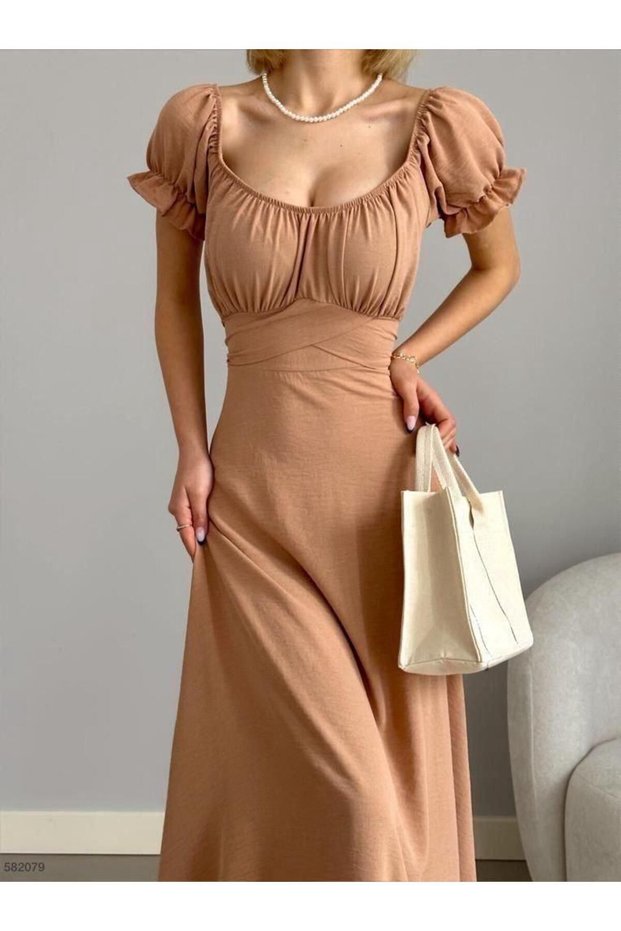 Women's U-Neck Back Zipper Belt Detailed Ayrobin Fabric Dress (Color)