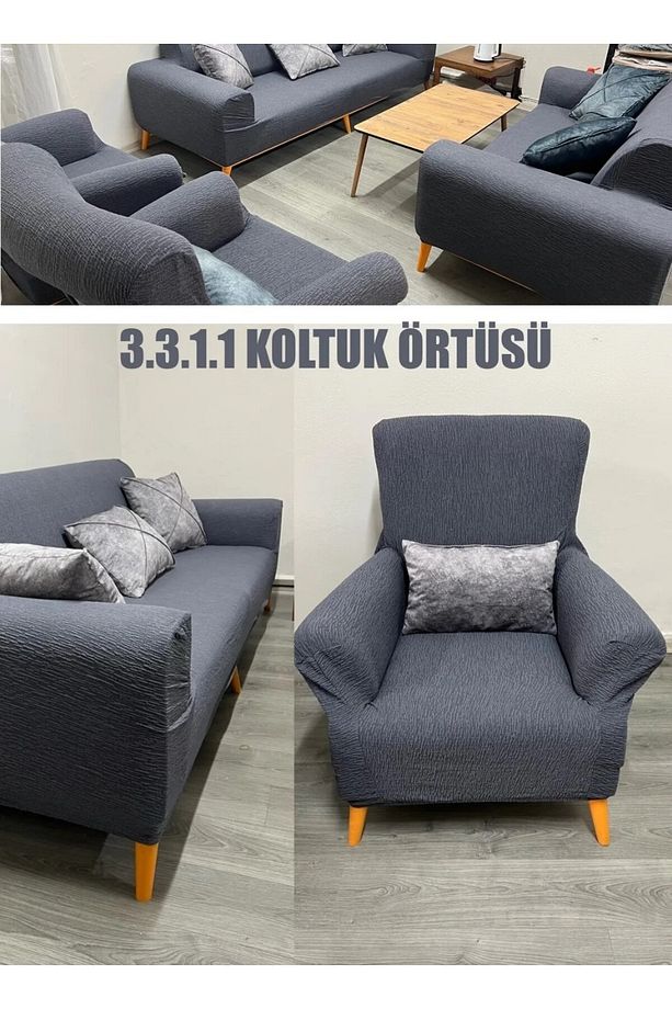 3+3+1+1 Streç Lastikli Esnek Eteksiz Pamuklu Jakarlı Koltuk Takımı Koltuk Örtüsü - 1