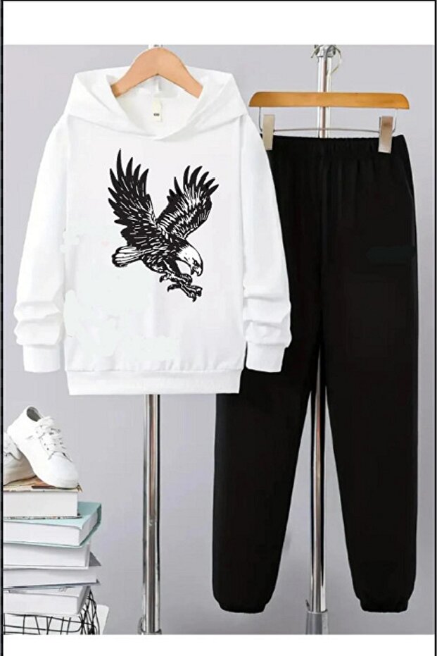 Boy's Eagle Printed Hooded Sweatshirt Tracksuit Set