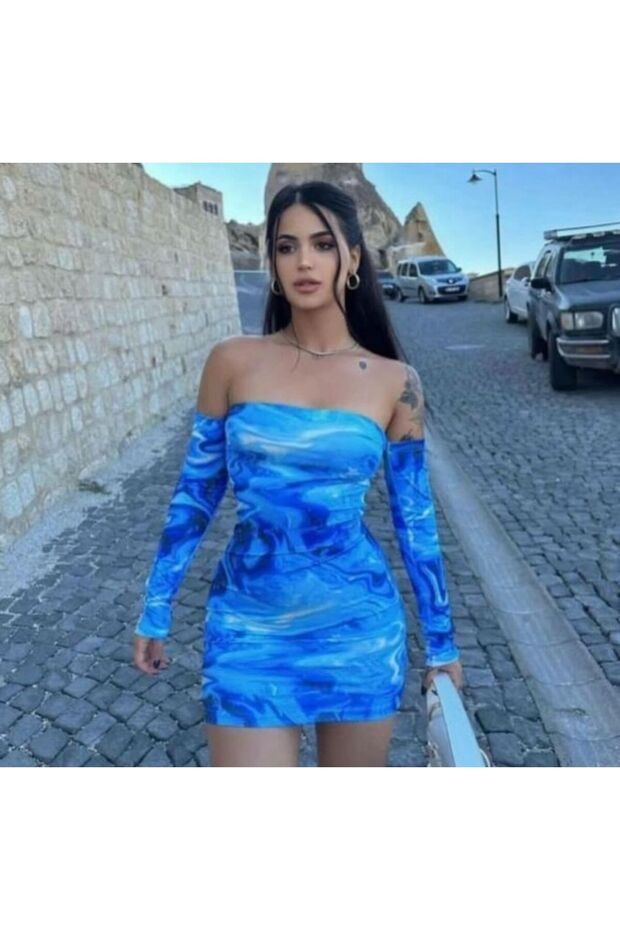 Women's Blue Long Sleeve Strapless Dress