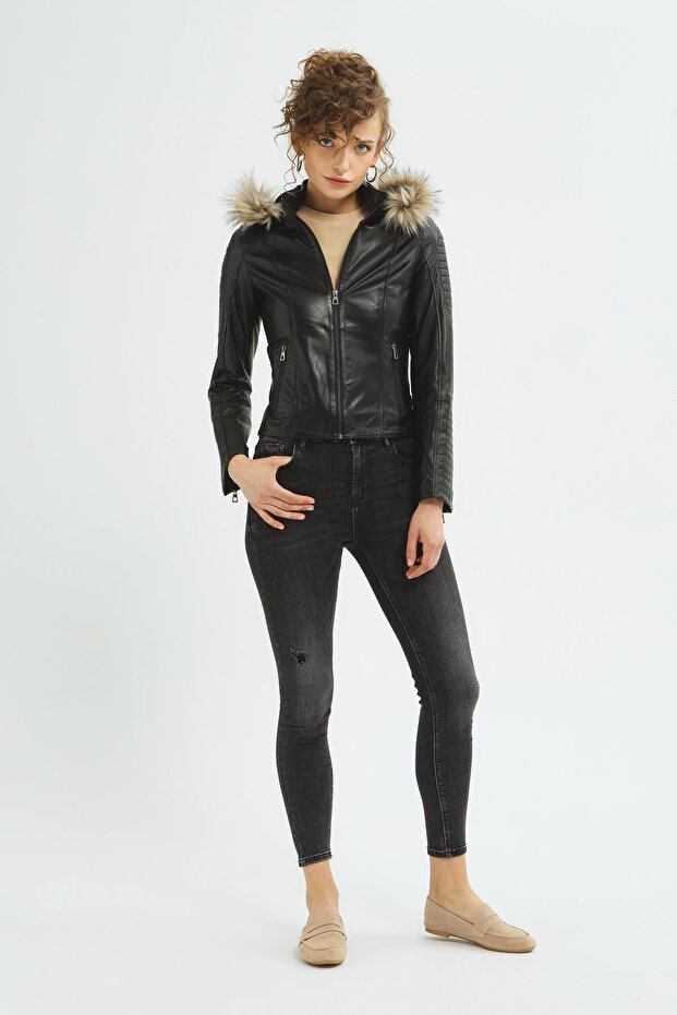 Kadın Siyah Deri Mont - 1