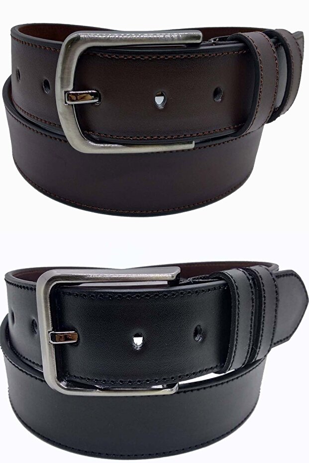 Men's Leather Belt 2 Pack Black Brown Stitched 4 Cm
