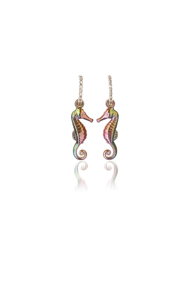 Chrome Yellow Green Fuchsia Blue Mixed Color Antiallergic Sea Horse Earrings