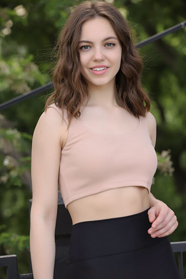 Krem Askılı Fitilli Örme Crop Tshirt - 4