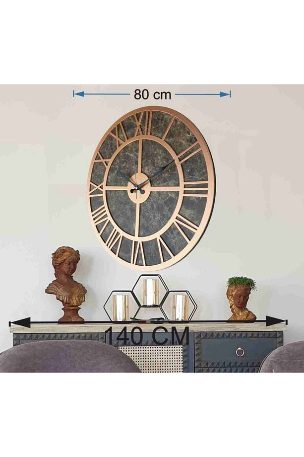 Mermer Desenli Bakır Renkli Büyük Boy Duvar Saati Çap 80 Cm - 1