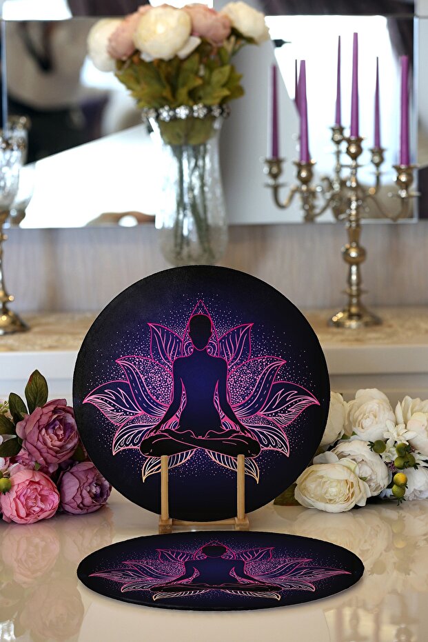 2-Piece Pink Neon Motif Far East Yoga Patterned Modern Round Plate & Placemat