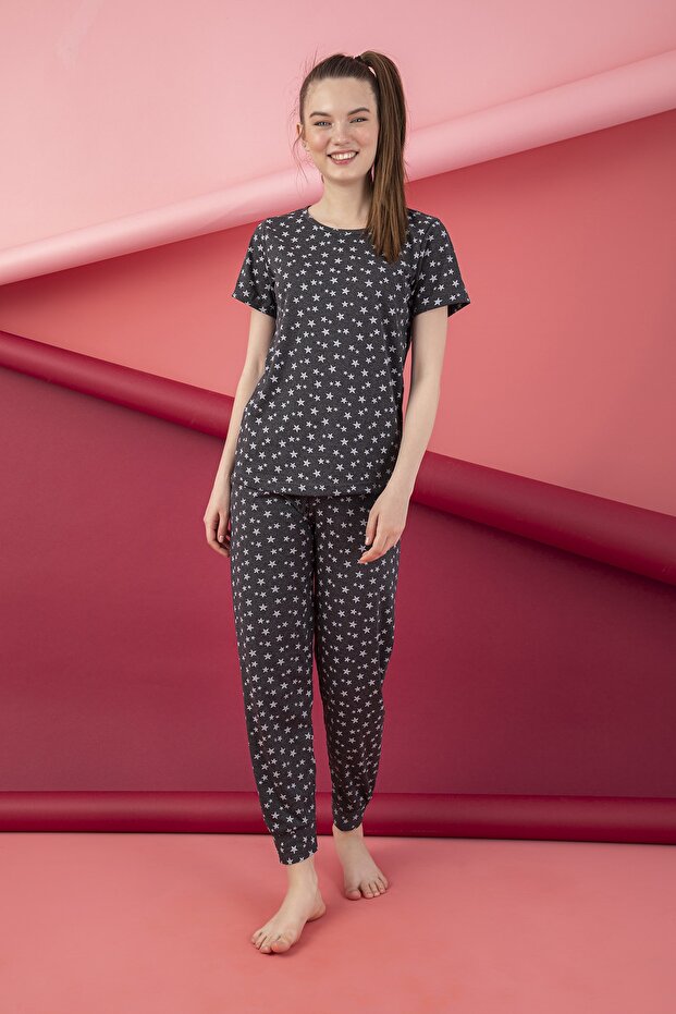 PAMUKLU BASKILI KISA KOL PİJAMA TAKIM - 2