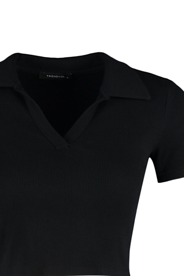 Siyah Fitted/Vücuda Oturan Crop Polo Yaka Fitilli Esnek Örme Bluz TWOSS21BZ0038 - 7