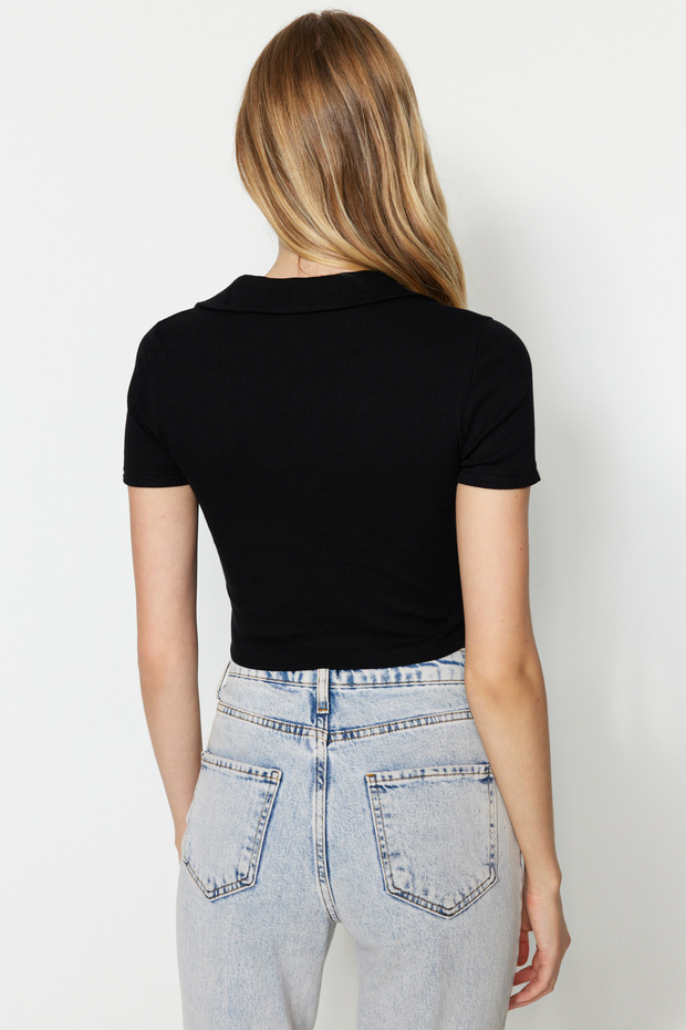 Siyah Fitted/Vücuda Oturan Crop Polo Yaka Fitilli Esnek Örme Bluz TWOSS21BZ0038 - 5