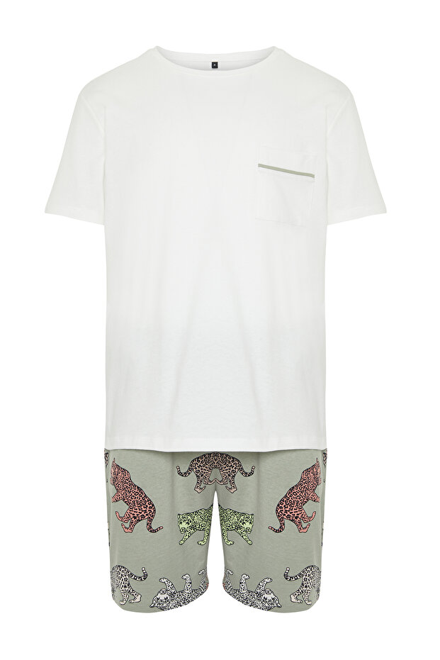 Ekru Regular Fit Hayvan Desenli Couple/Çift Örme Şortlu Erkek Pijama Takımı TMNSS24PT00015 - 7