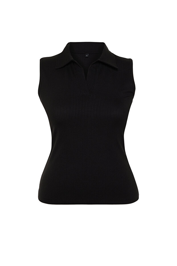 Siyah Fitted/Vücuda Oturan Polo Yaka Esnek Örme Büyük Beden Bluz TBBSS24AF00065 - 7