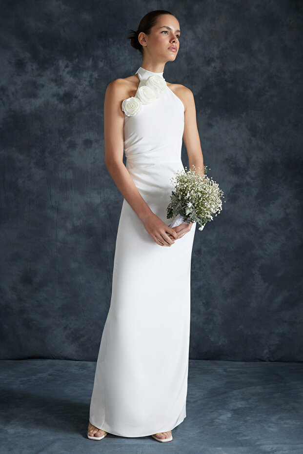 Bridal Beyaz Gül Detaylı Dokuma Şık Abiye Gece Mezuniyet Elbisesi TPRSS24AE00011 - 1