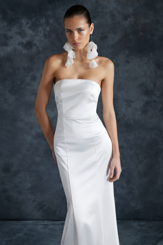 Bridal Beyaz Balık Örme Uzun Düğün/Nikah Gece Abiye Elbise TPRSS24AE00024 - 3
