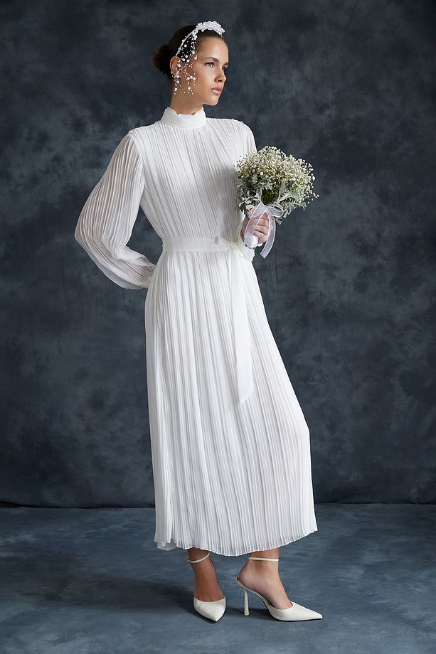 Krem Pliseli Dokuma Astarlı Şifon Bride/Özel Gün Elbisesi TCTSS24DB00040 - 1