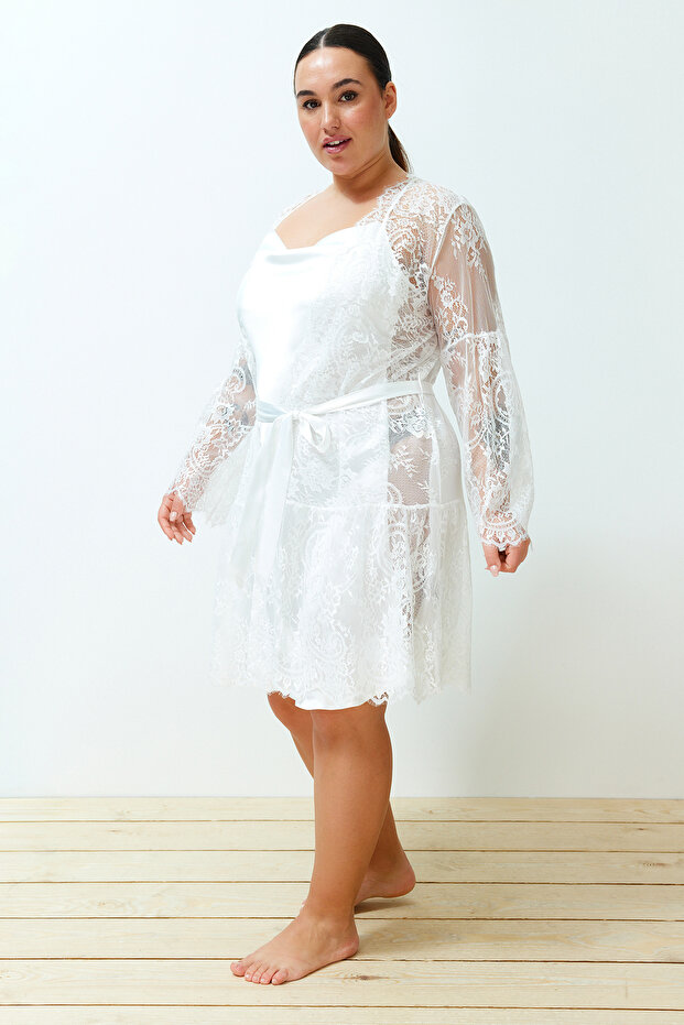 Beyaz Kuşaklı Dantel Örme Bridal Sabahlık TBBSS24SB00002 - 4