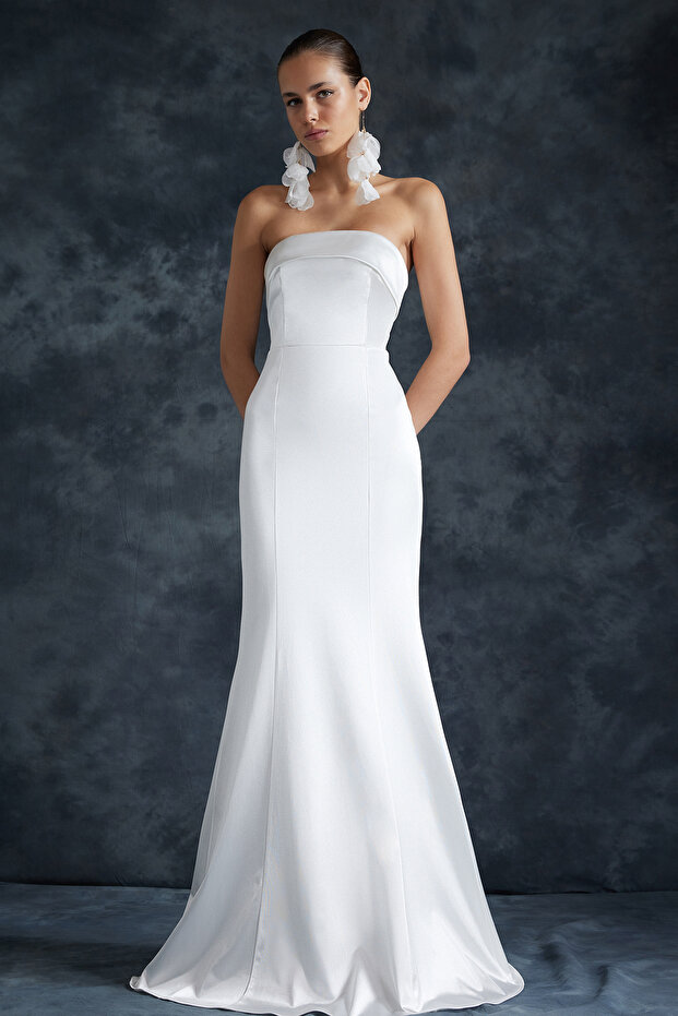 Bridal Beyaz Balık Örme Uzun Düğün/Nikah Gece Abiye Elbise TPRSS24AE00024 - 1