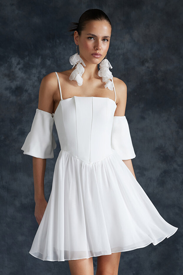 Bridal Beyaz A-Kesim Korse Detaylı Kısa Düğün/Nikah Abiye Gece Mezuniyet Elbisesi TPRSS24EL00116 - 1