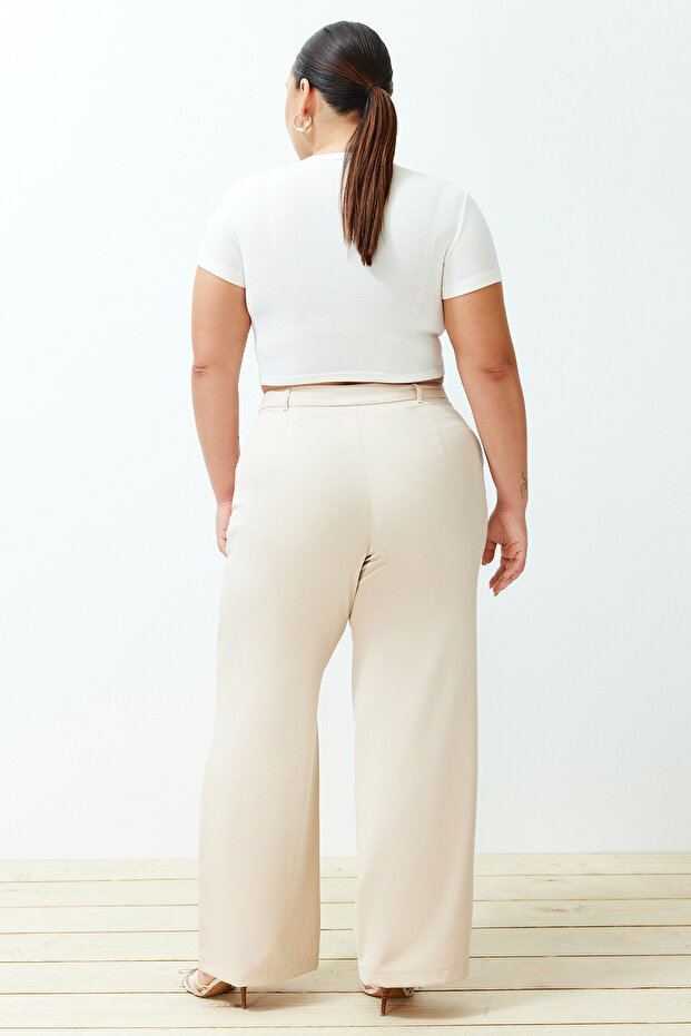 Taş Yüksek Bel Wide Leg Geniş Paça Pilili Dokuma Kumaş Pantolon TBBSS24AR00019 - 10