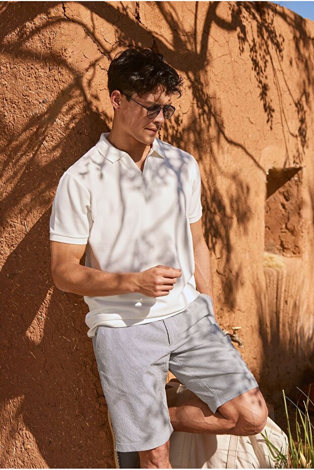 Men's White Slim Fit Slim Fit Polo Collar Dobby T-Shirt