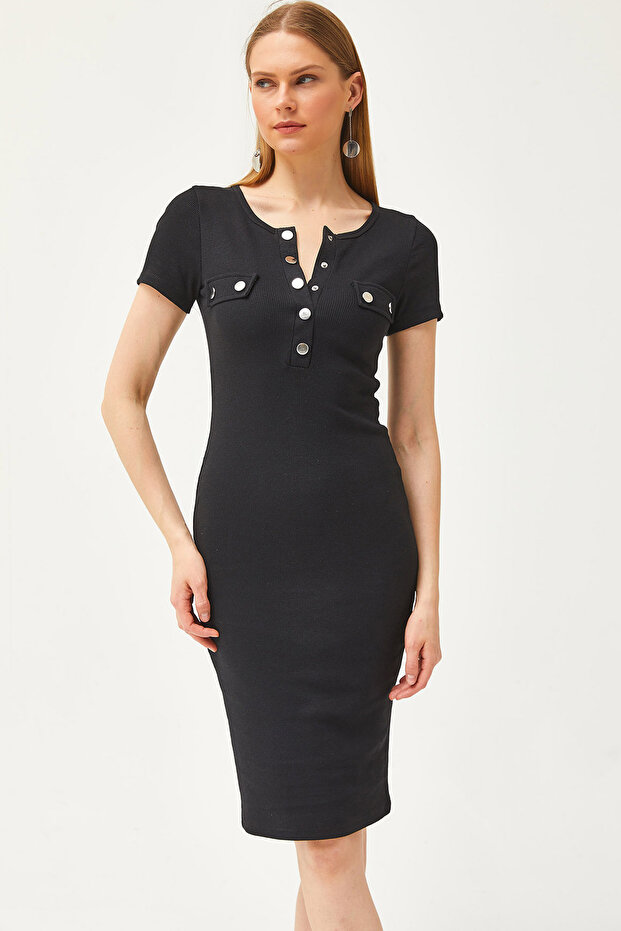Women's Black Metal Placket Accessory Pocket Lycra Mini Cotton Dress ELB-19002067