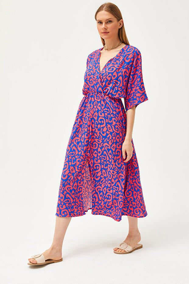 Women's Cobalt Blue Double Breasted Collar Bat Waist Elastic Woven Dress ELB-19002084