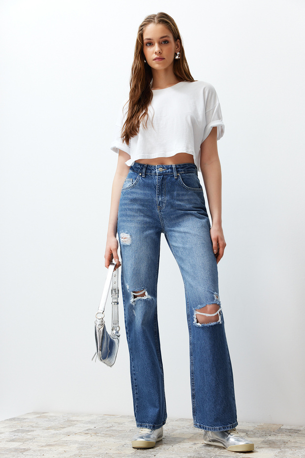 Mavi Yırtıklı Yüksek Bel Wide Leg Geniş Paça %100 Pamuk Non-Stretch Jeans TWOSS24JE00199 - 5