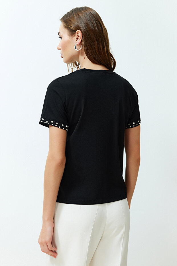 Siyah Taş Aksesuar Detaylı Regular Kalıp Örme T-Shirt TWOSS24TS00070 - 6