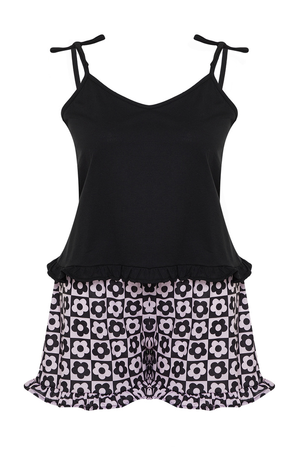 Siyah Askılı Desenli Örme Pijama Takımı TBBSS24AI00032 - 7