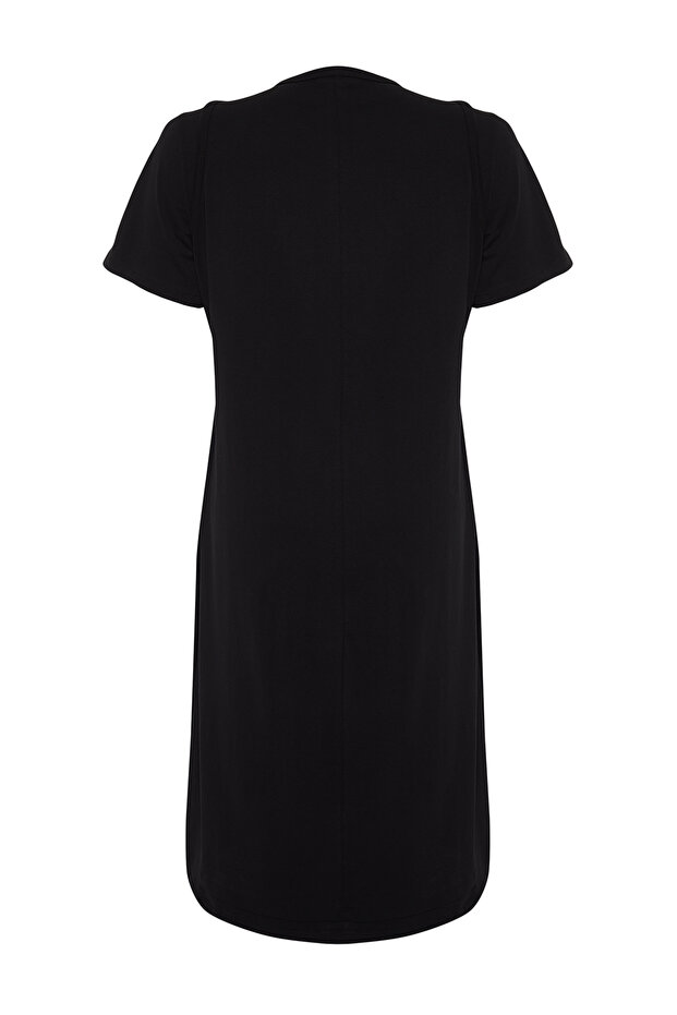 Siyah Nakış Detaylı Örme Maxi/Uzun %100 Pamuk T-shirt Elbise TBBSS24AH00084 - 8