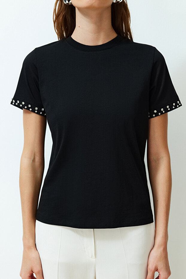 Siyah Taş Aksesuar Detaylı Regular Kalıp Örme T-Shirt TWOSS24TS00070 - 4