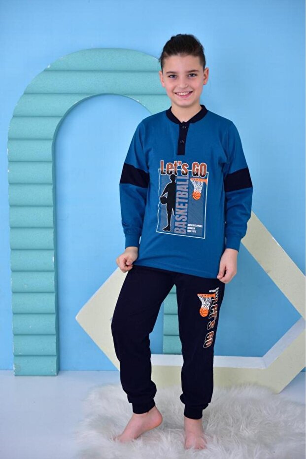 Long Sleeve Thin Buttoned Basketball Printed Petrol Color Boy's Pajama Set
