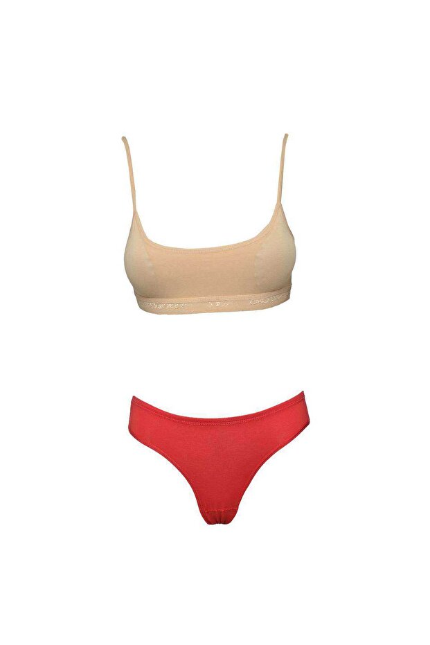 Padded Rope Strap Half Tank Top Bustier Panties Set Tan Red