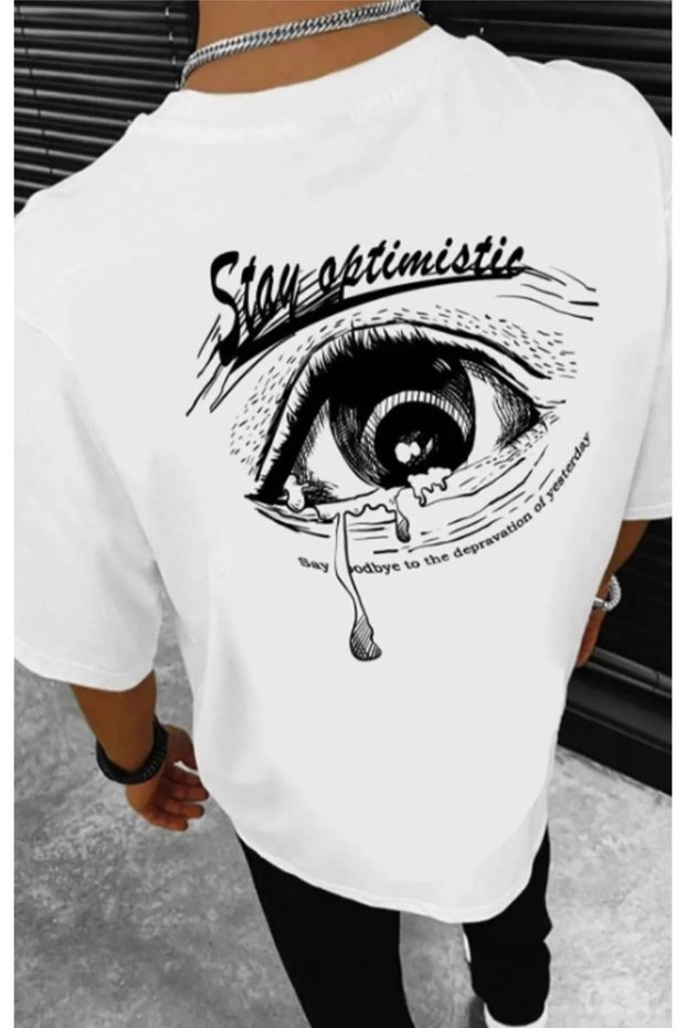 Unisex White Stay Eye Printed Oversize T-Shirt