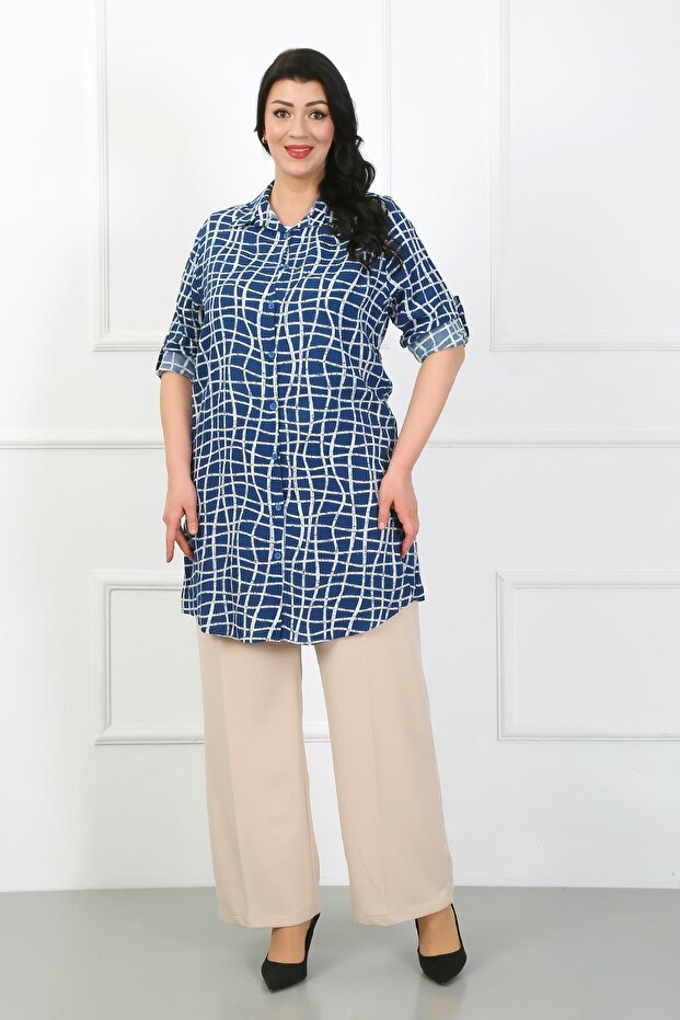 Women's Indigo Striped Cotton Viscose Large Size Tunic