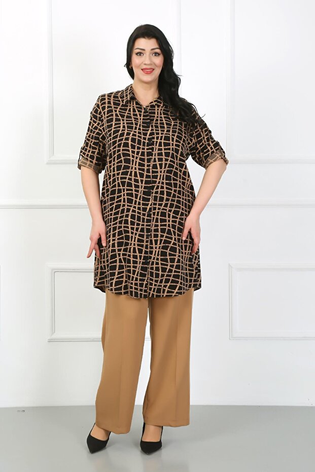 Women's Tan Striped Cotton Viscose Large Size Tunic