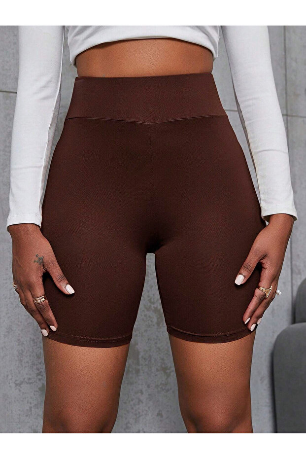 Kadın Kahverengi Dalgıç Kumaş Yüksek Bel Şort Tayt - 4
