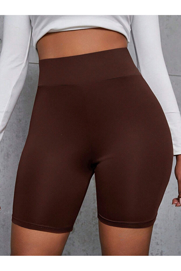 Kadın Kahverengi Dalgıç Kumaş Yüksek Bel Şort Tayt - 3