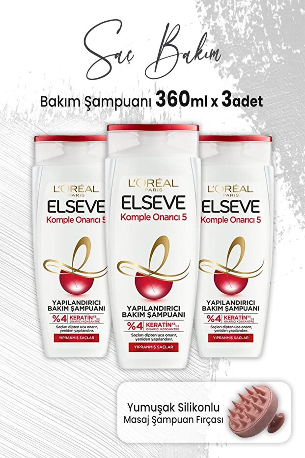 Komple Onarıcı 5 Yapılandırıcı Şampuan 360 ml X 3 Adet Ve Masaj Şampuan Fırçası Pembe - 1