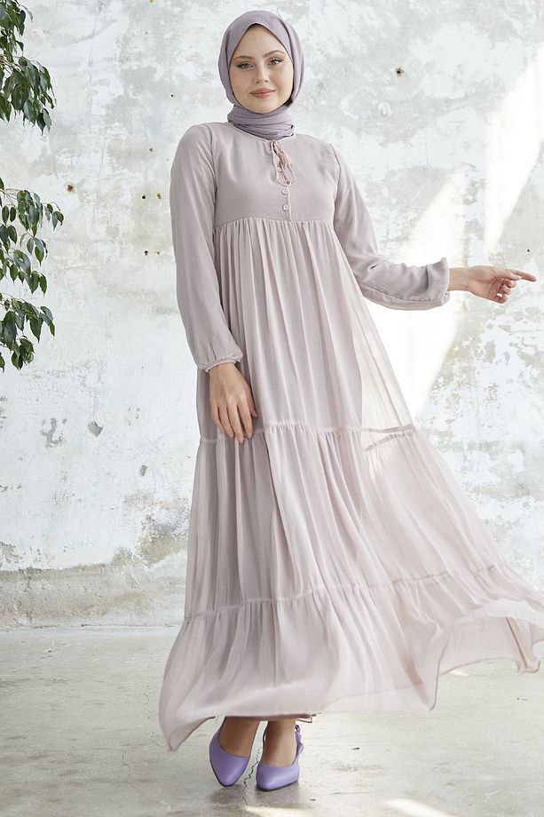 Yakası Bağcıklı Yoryo Şifon Elbise - Pudra - 6