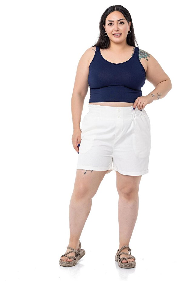 Plus Size Gabardine White Shorts with Side and Back Elastic Waist and Fold Detail
